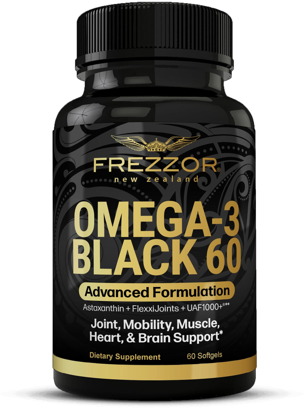 FREZZOR Omega 3 Black bottle on display for joint comfort support.