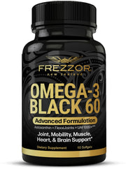FREZZOR Omega 3 Black bottle on display for joint comfort support.