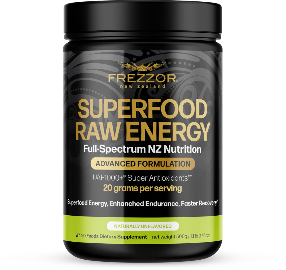 FREZZOR Superfood energy powder tub showcases vegan protein and antioxidant blend.