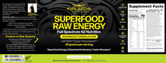 FREZZOR Superfood serving scoop beside a smoothie for a convenient daily boost.