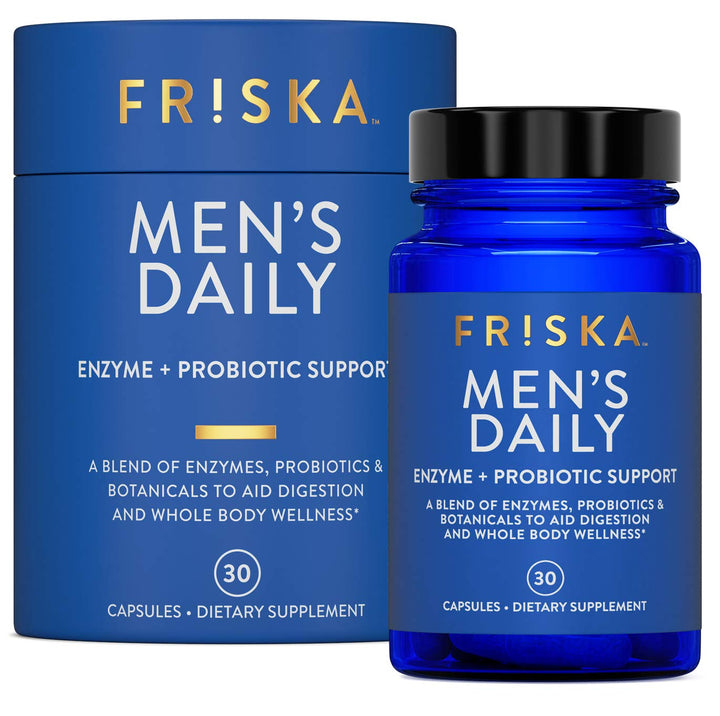 Friska Men’s Daily digestive enzyme bottle front for gut support