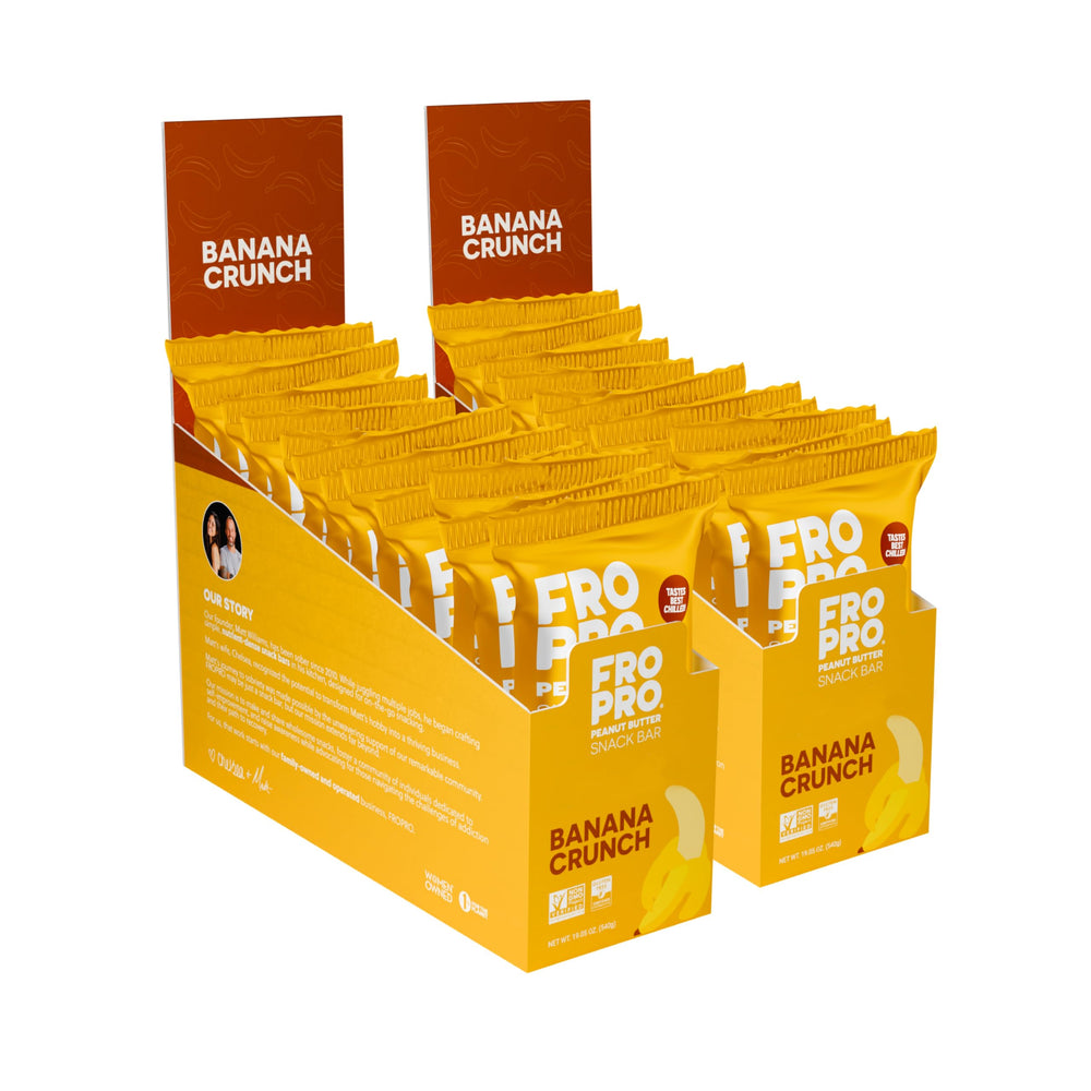 FRO PRO Banana Crunch bar front view, protein-packed on-the-go snack for energy between tasks.