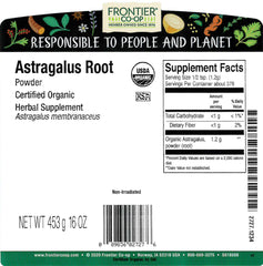 Frontier Co-op astragalus root powder label close-up highlighting organic certification.