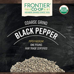 Frontier Co-op Black Pepper coarse grind bottle pouring heat and aroma into dishes