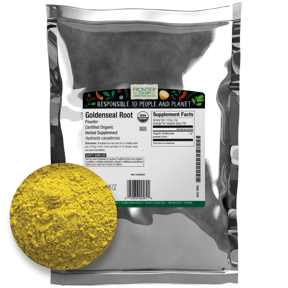 Frontier Co-op Goldenseal root powder shows earthy bitterness and bright yellow hue for tea and tinctures