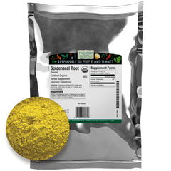 Frontier Co-op Goldenseal root powder shows earthy bitterness and bright yellow hue for tea and tinctures