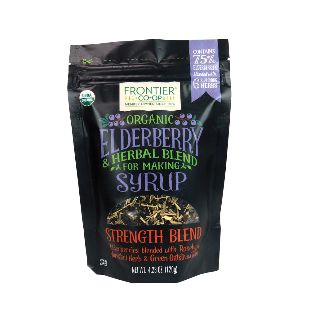 Frontier Co-op Organic Elderberries bag with dried berries, ideal for syrups and tea blends.