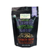 Frontier Co-op Organic Elderberries bag with dried berries, ideal for syrups and tea blends.