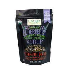 Frontier Co-op Organic Elderberries bag with dried berries, ideal for syrups and tea blends.