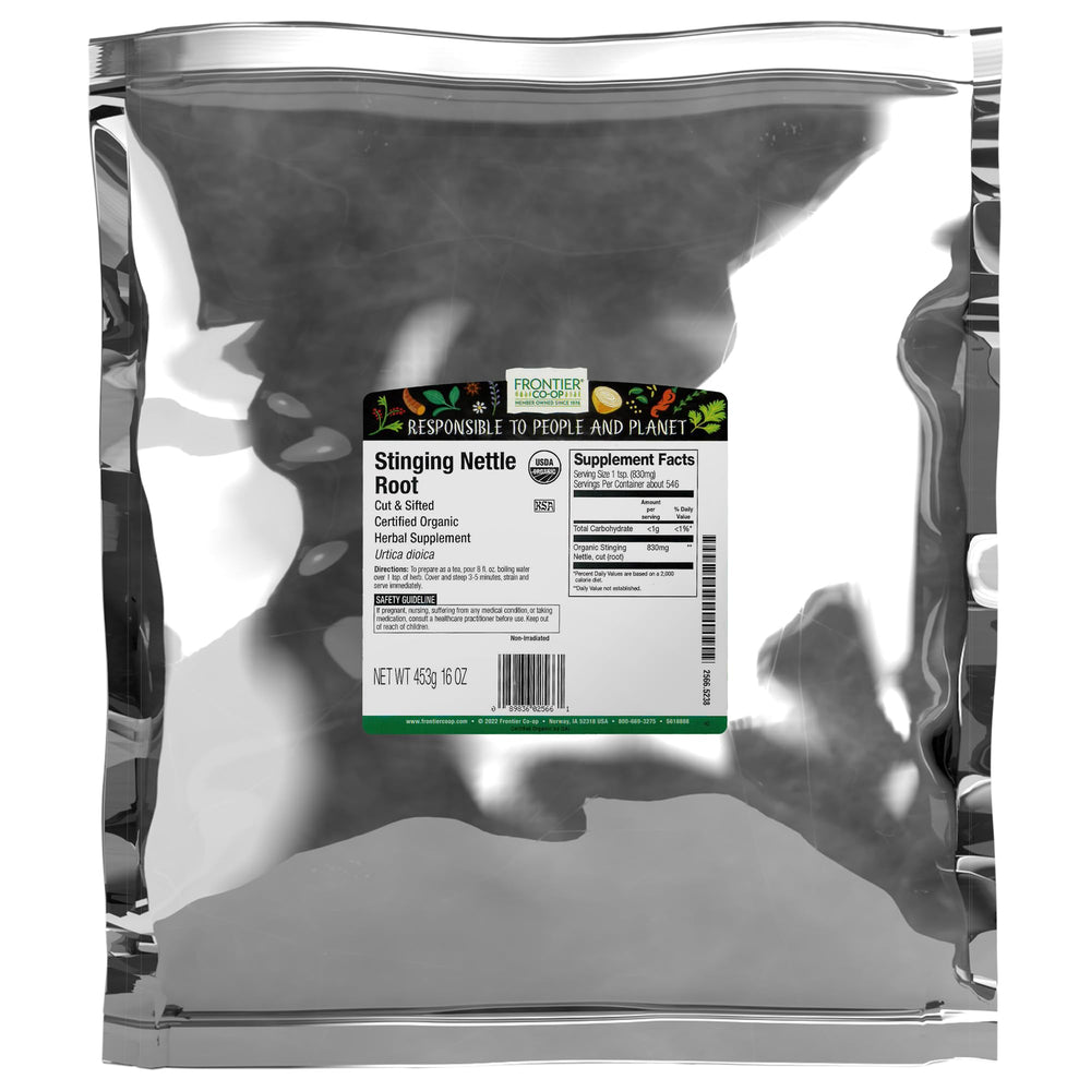 Frontier Co-op stinging nettle root, cut and sifted, ideal for herbal teas and tinctures.