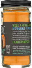 Frontier Co-op turmeric powder on the kitchen counter, enhances color and aroma.