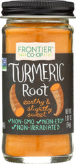 Frontier Co-op turmeric ground label on the jar signals quality for cooking.