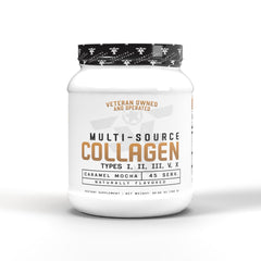 Frontline Formulations Multi-Source Collagen bottle showing caramel mocha flavor for daily support.