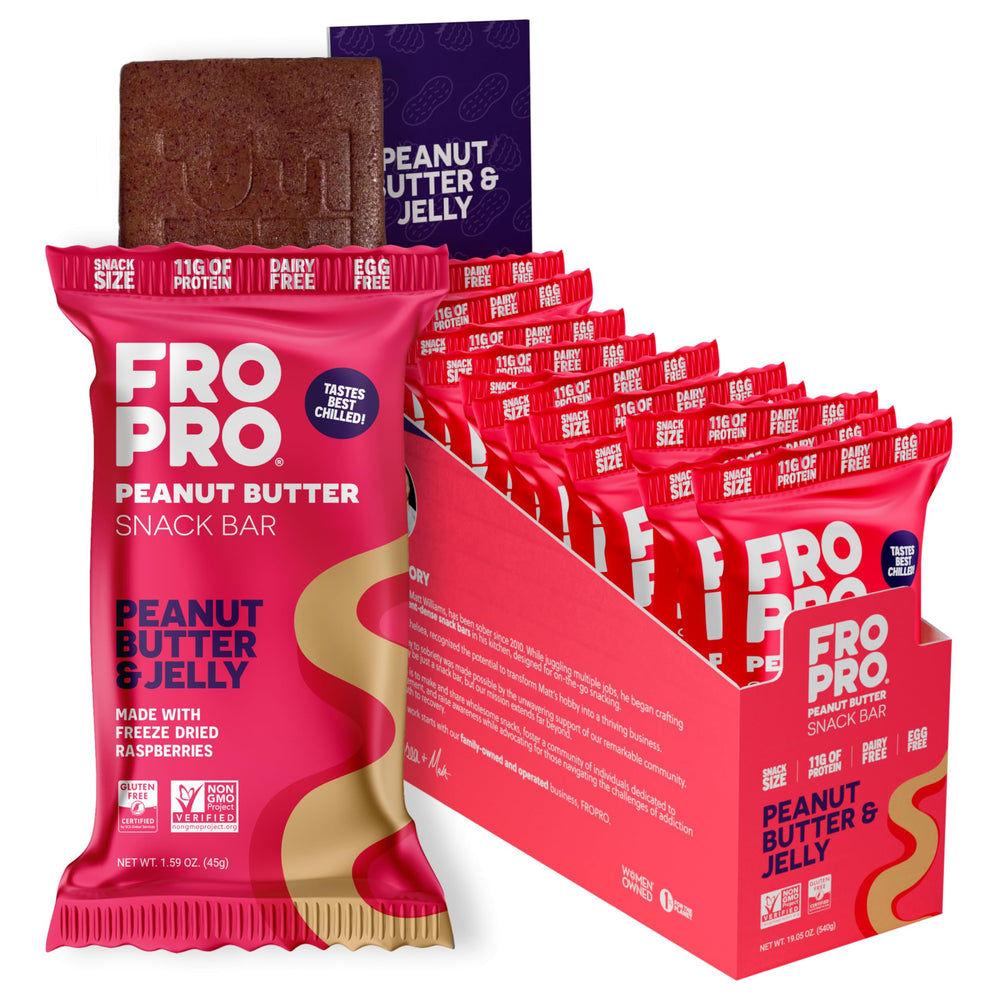 FROPRO PB&J bar unwrapped closeup showing a protein-packed on-the-go bite