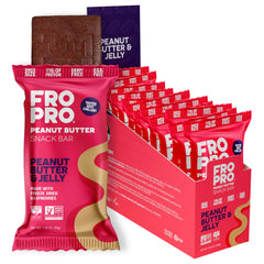 FROPRO PB&J bar unwrapped closeup showing a protein-packed on-the-go bite