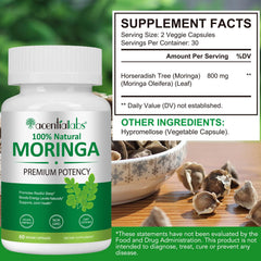 Close-up of 800mg Moringa capsules highlighting vitamin-rich formula for vitality.