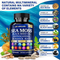 Fubienfit bottle label highlights organic Irish sea moss and vegan ingredients.