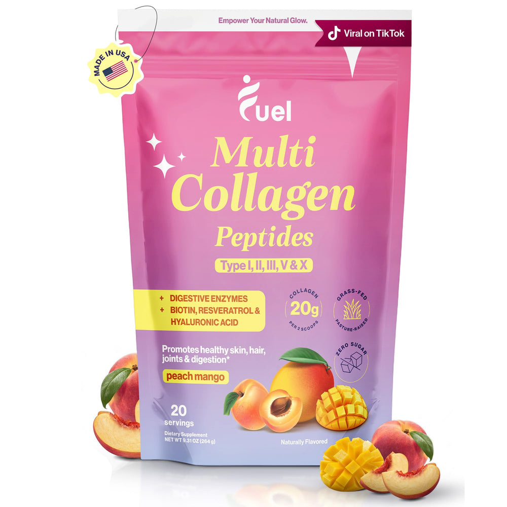 Fuel Multi Collagen Peptides bottle with peach mango flavor for daily beauty support
