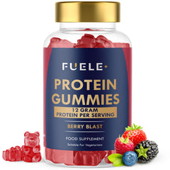 FUELE+ Whey Protein Gummies packaging showcases mixed berry flavor for quick post-workout protein.