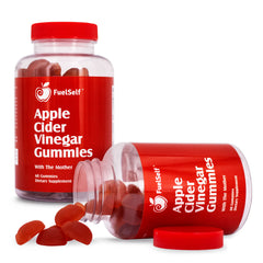 FuelSelf ACV gummies jar display showing colourful chews for metabolism support.