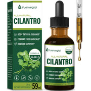 Fuenvegtal Cilantro Drops bottle showing detox and immune support.