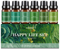 FUHITIM essential oils set with six 10ml bottles in gift-ready packaging for home diffusion.