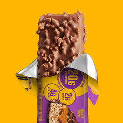 Fulfil Protein Bar cross-section shows peanut caramel layers and chocolatey finish