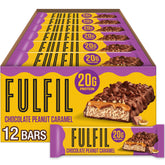 Fulfil Chocolate Peanut Caramel Bar wrapper close-up, indulgent texture for on-the-go snacking