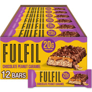 Fulfil Chocolate Peanut Caramel Bar wrapper close-up, indulgent texture for on-the-go snacking