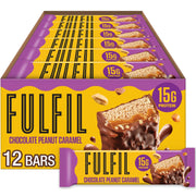 FULFIL chocolate peanut caramel bar packaging showcasing gluten-free and high protein convenience.