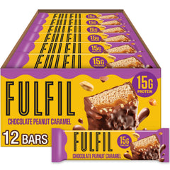 FULFIL chocolate peanut caramel bar packaging showcasing gluten-free and high protein convenience.