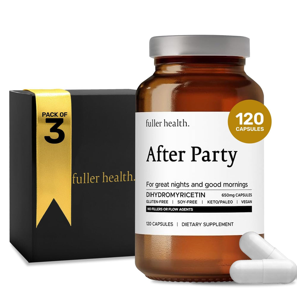 Fuller Health After Party DHM bottle close-up highlighting recovery-focused packaging