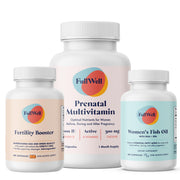 FullWell Fertility Trio bottle close-up for daily prenatal support.