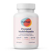 FullWell Prenatal bottle front view with 26+ nutrients for fetal growth.