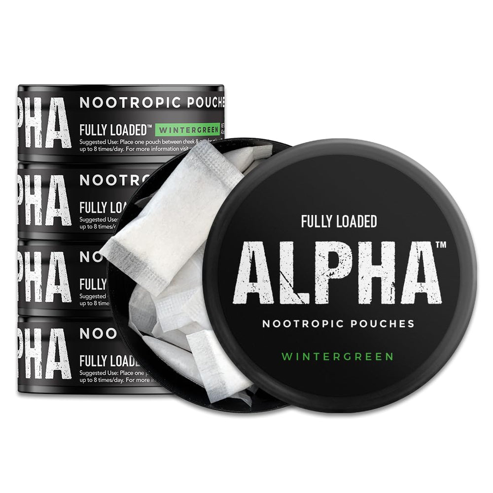 Fully Loaded Alpha Nootropic Pouches wintergreen pack, discreet on-the-go focus.