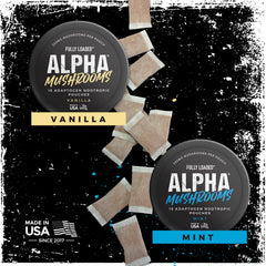 Fully Loaded Bullseye Alpha Mushrooms mint label close-up showing ingredients and benefits.