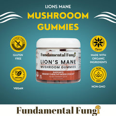 Fundamental Fungi Lions Mane gummies ingredient panel with USDA Organic extract