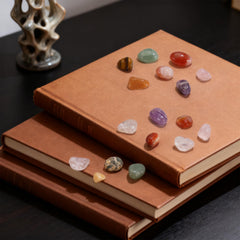 FunzelleArt display of tumbled stones for photography props and learning displays.