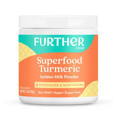 Further Food Turmeric Root Powder in a golden latte, smooth warming taste for Golden Milk.
