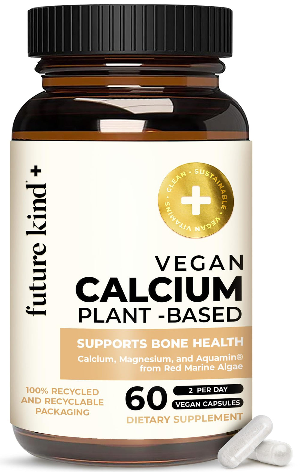 Future Kind vegan calcium supplement bottle highlighting plant-based calcium for teeth and bone support.