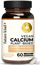 Future Kind vegan calcium supplement bottle highlighting plant-based calcium for teeth and bone support.