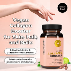 Future Kind Vegan Collagen bottle back with ingredients and sustainable packaging details