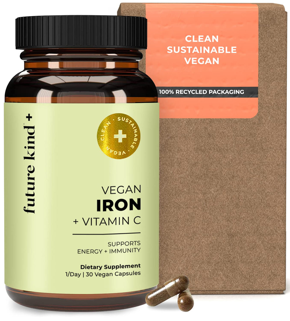 Future Kind vegan iron bottle displaying daily energy support in a sleek glass bottle.
