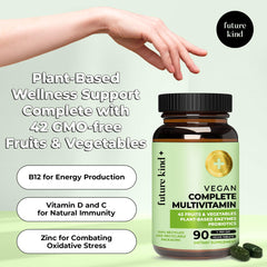 Future Kind Vegan Multivitamins Complete capsules closeup highlights easy daily intake.