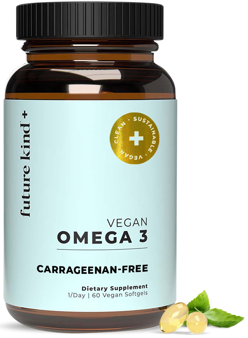 Future Kind vegan omega-3 softgels bottle showing easy-to-swallow capsules for daily support