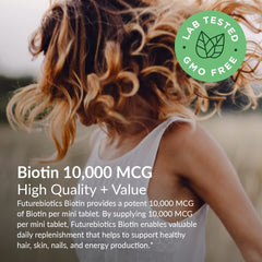 Vegan friendly biotin tablets package indicates plant-based formulation.