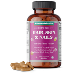 Futurebiotics Hair, Skin & Nails beauty multivitamin bottle supports daily beauty nourishment.