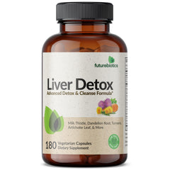 Futurebiotics Liver Detox capsules closeup emphasizes premium herbs for detox support.