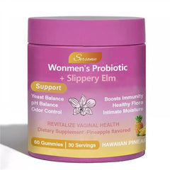 FW ZONE Juicy Feminine Probiotic Gummies packaging highlights pineapple flavor