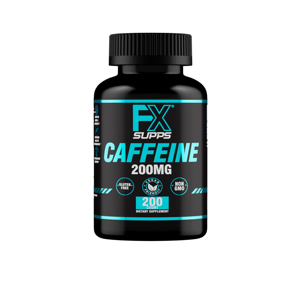 FXSUPPS Caffeine 200mg capsules bottle for quick energy and focus.